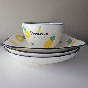 Pineapple Enjoy Life Plate Bowl Dish Set 4 Piece Raise Side Yellow Ceramic Fruit